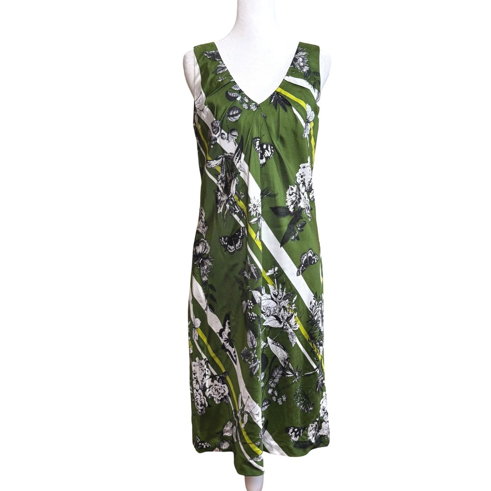 Talbots‎ Silk Midi Dress Womens Size 10 Green Floral Butterfly V-Neck Sleeveless